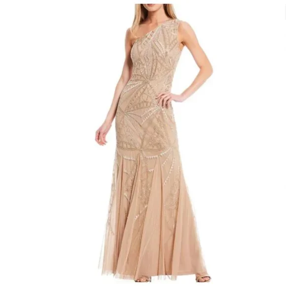 adrianna papell women's beaded mermaid long dress Floral Beaded Mermaid Gown With Flutter Cap Sleeves In Light Champagne
